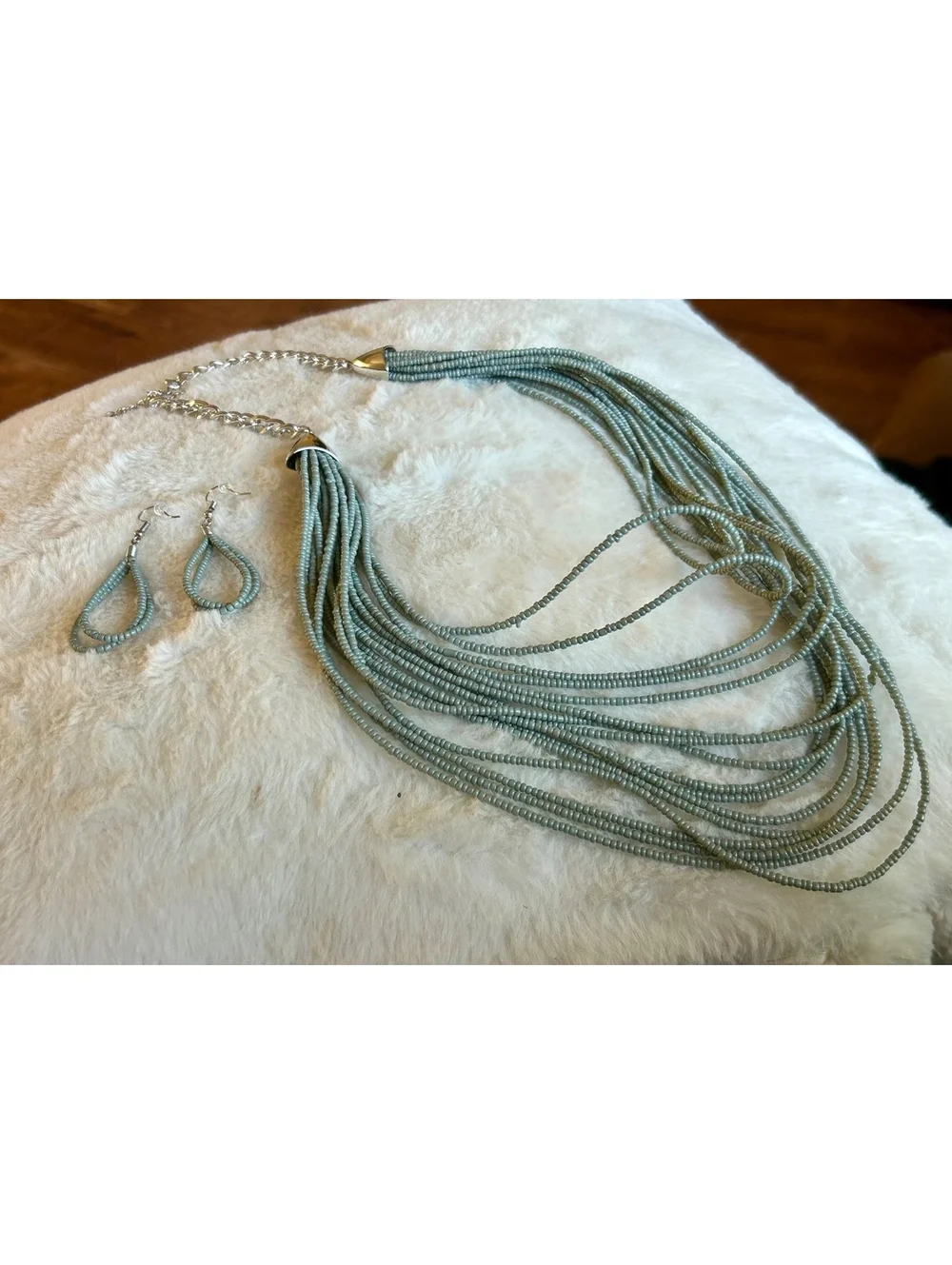 Light Blue Beaded Multi-Strand Necklace and Earrings Set